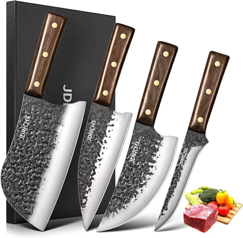 JDRICHX Butcher Knife Set,4 PCS Heavy Duty Hand Forged Serbian Chef Knife Meat Cleaver Boning Viking Knife Set-Full Tang High Carbon Steel for Home Cooking Outdoor BBQ Camping Gift Idea - Image 1